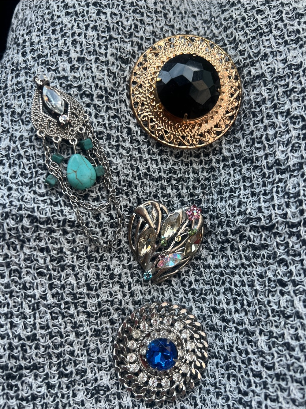 Elegant Mixed-Metal Brooch Set with Black, Turquoise, Blue and Crystal Accents